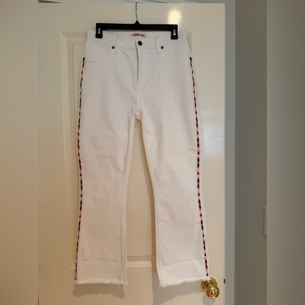 Johnny Was White Flare Jeans with Red & Navy Side Stripe